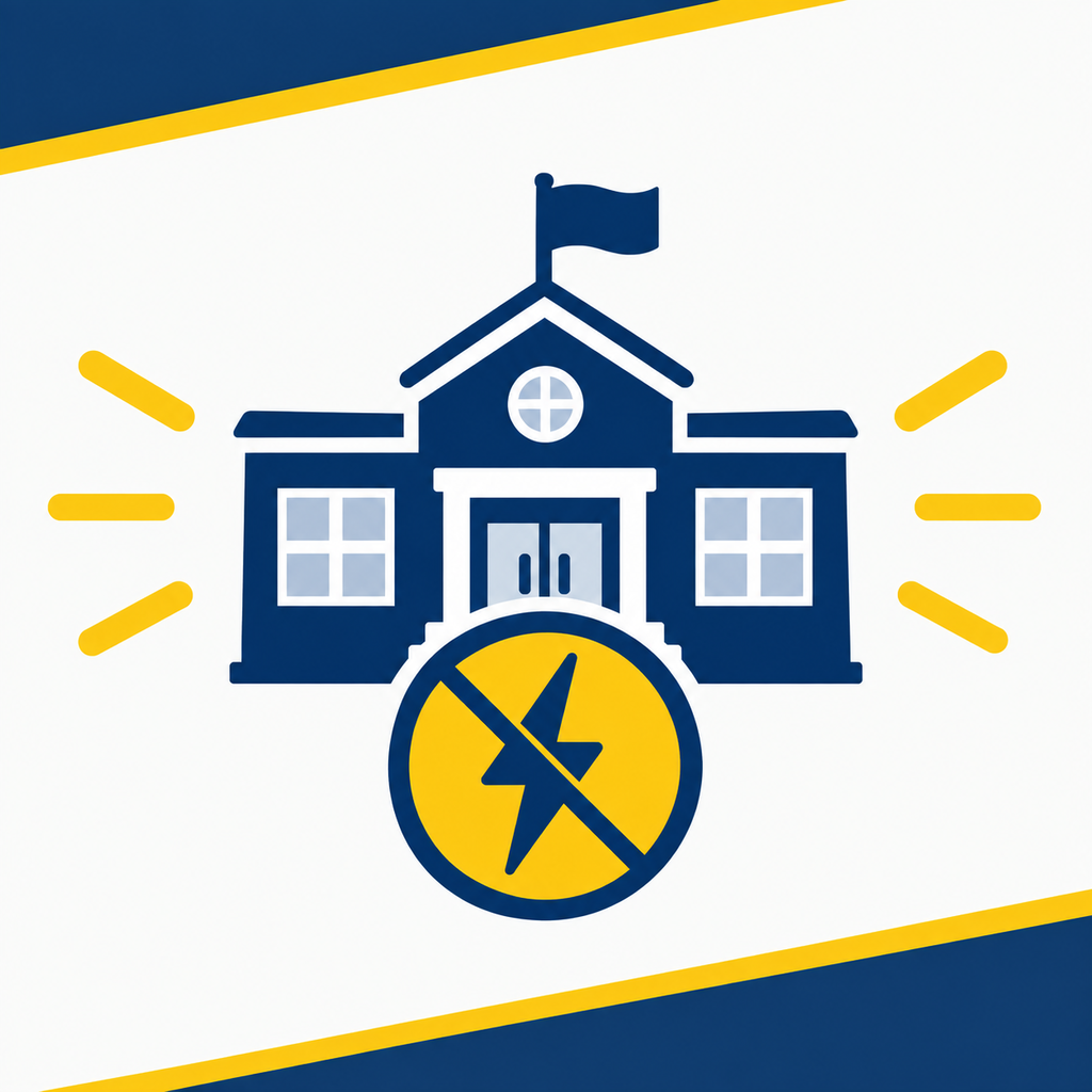 Icon of a school building with a flag, crossed out by a lightning bolt in a yellow circle.