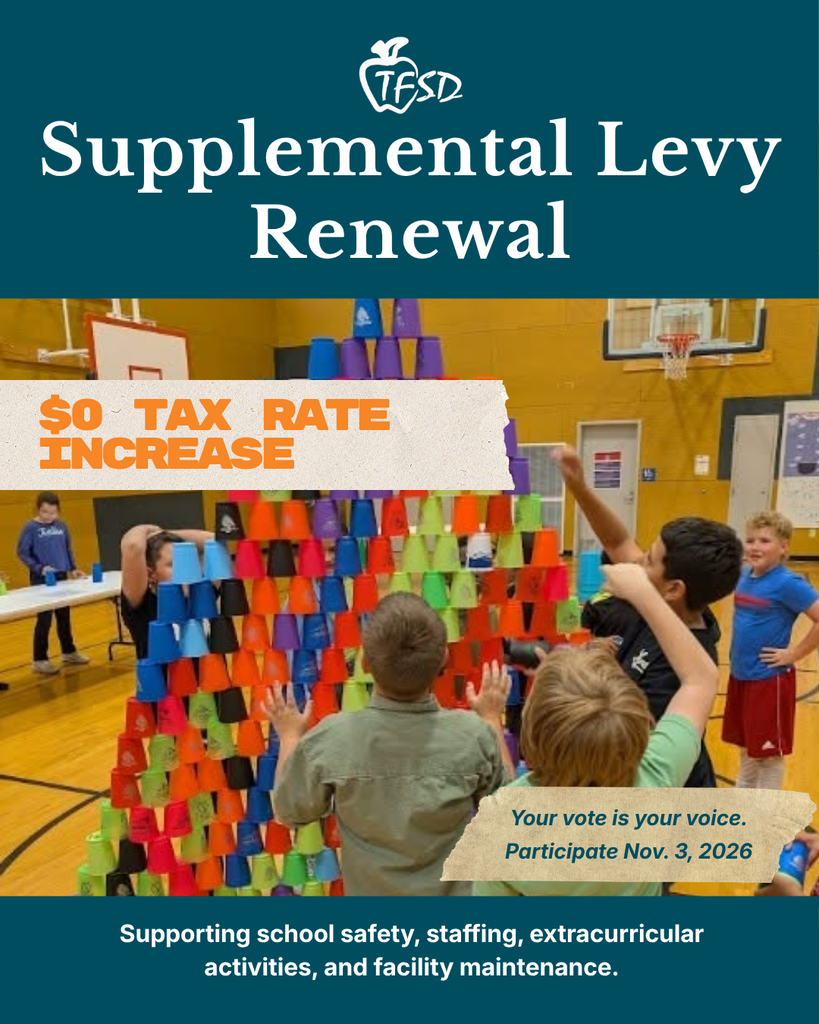 A graphic that shows children playing with cups on a court. The text reads "Supplemental Levy Renewal" and "$0 Tax Rate Increase."
