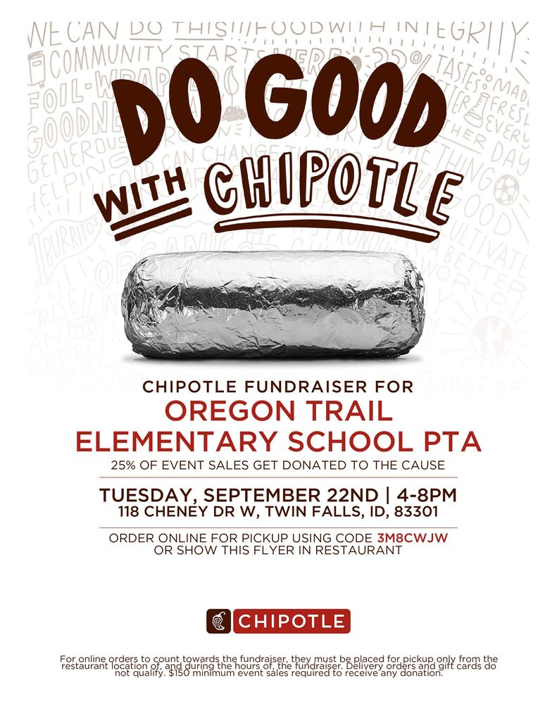 A flyer for a Chipotle fundraiser for Oregon Trail Elementary PTA. It includes an image of a burrito and details about the event.