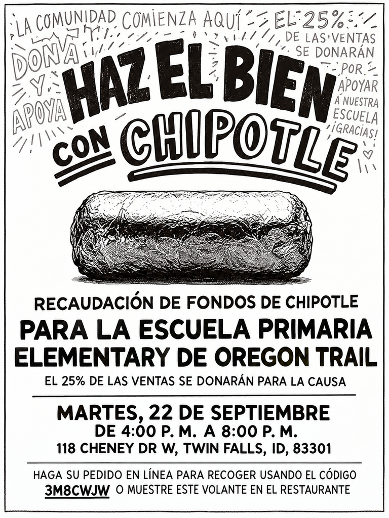 A black-and-white poster promotes a fundraiser with Chipotle. It features a burrito image and text about the event.