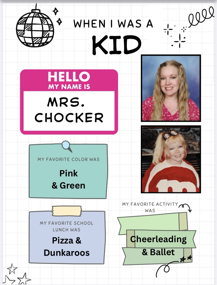 A page features a pink badge saying "Hello, my name is Mrs. Chocker" and photos of a young girl.