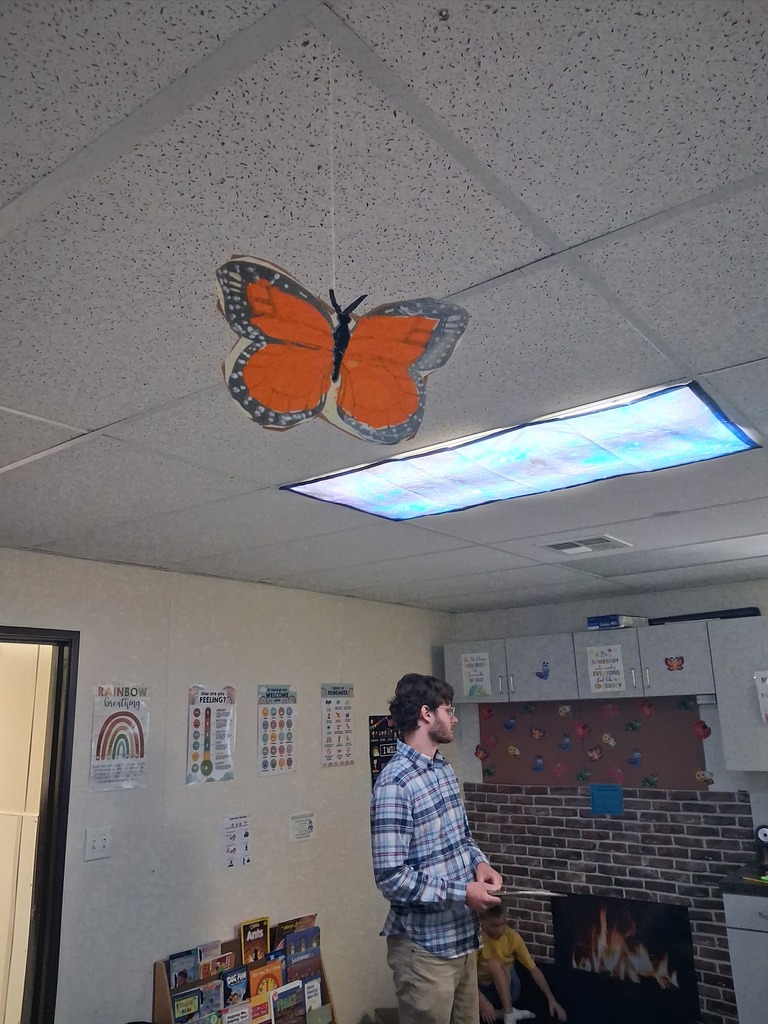 A room with a butterfly decoration on the ceiling, a person standing, and a fireplace.