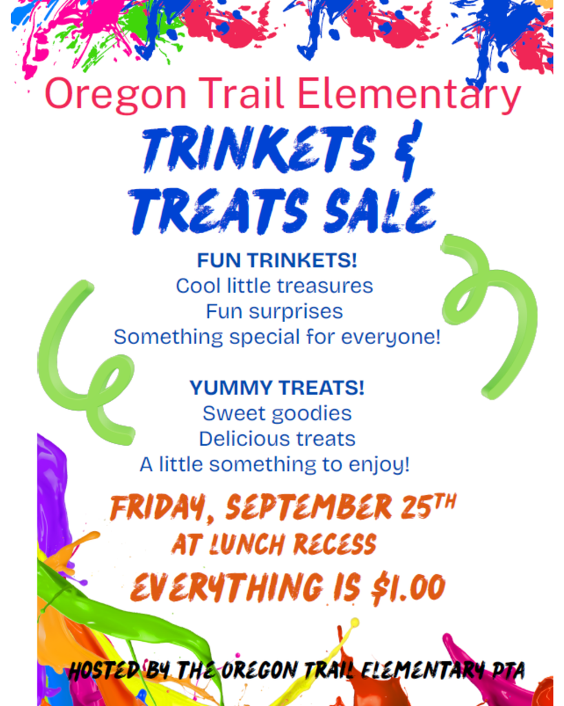 An event poster announces "Trinkets & Treats Sale" with details like fun trinkets, yummy treats, and the date of September 25th.