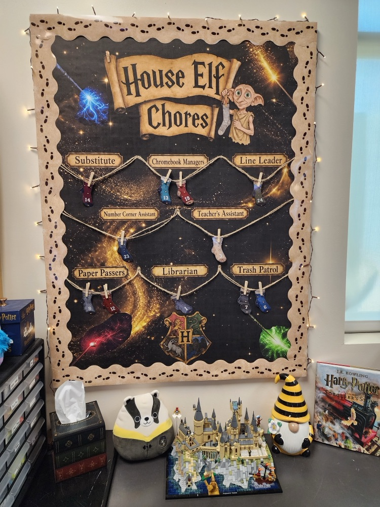 A bulletin board with the title "House Elf Chores" lists tasks on a black background. Below, there is a Hogwarts model and various items.