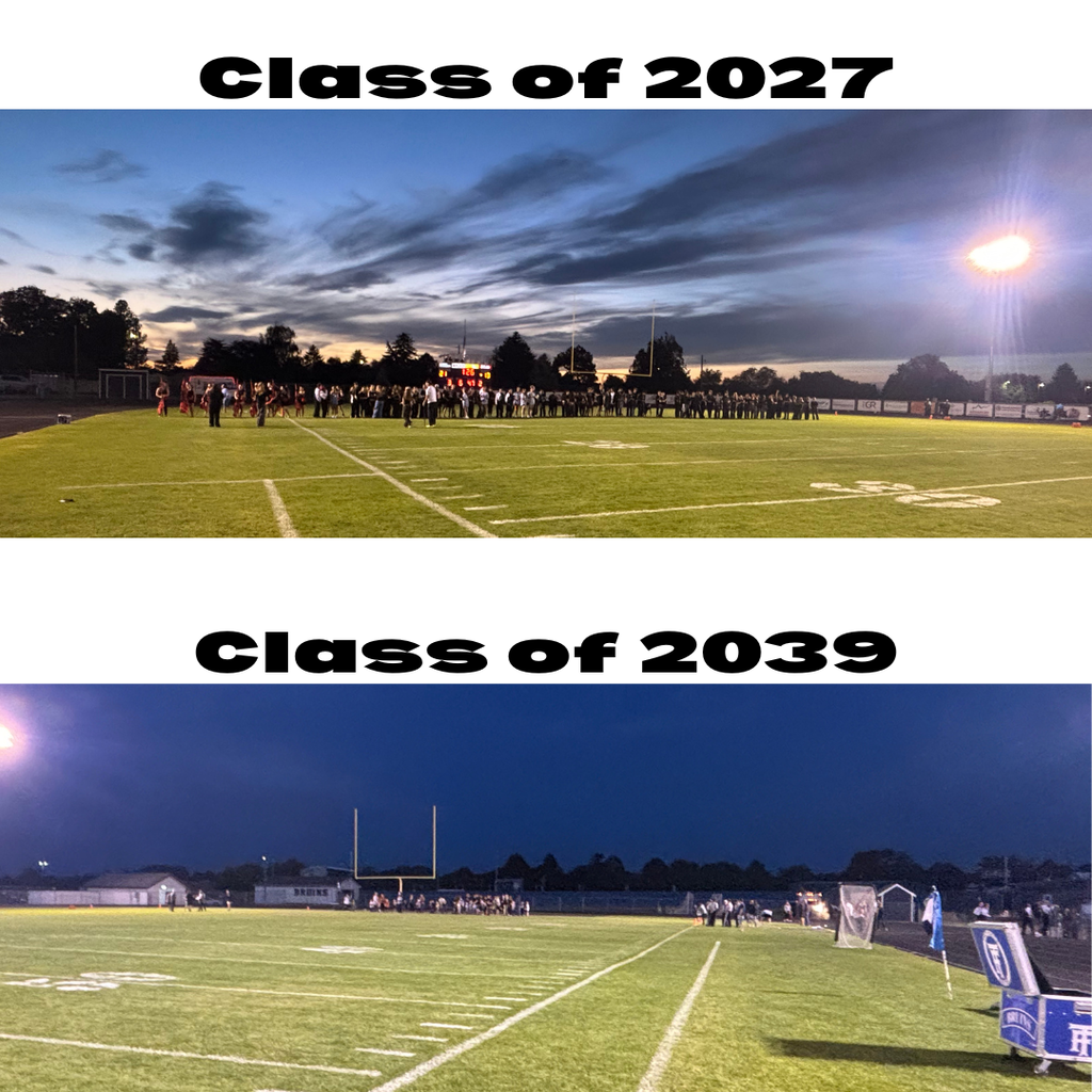 Two images of a football field labeled "Class of 2027" and "Class of 2039." Different lighting and times shown.