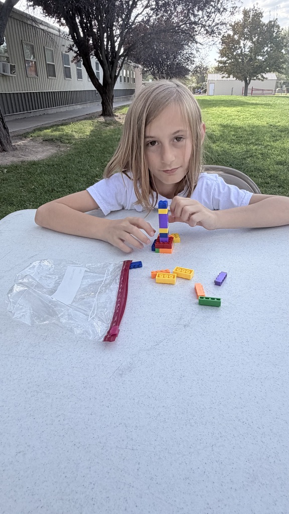 Child seated at table, building with colorful building blocks. A bag and building instructions on the table.