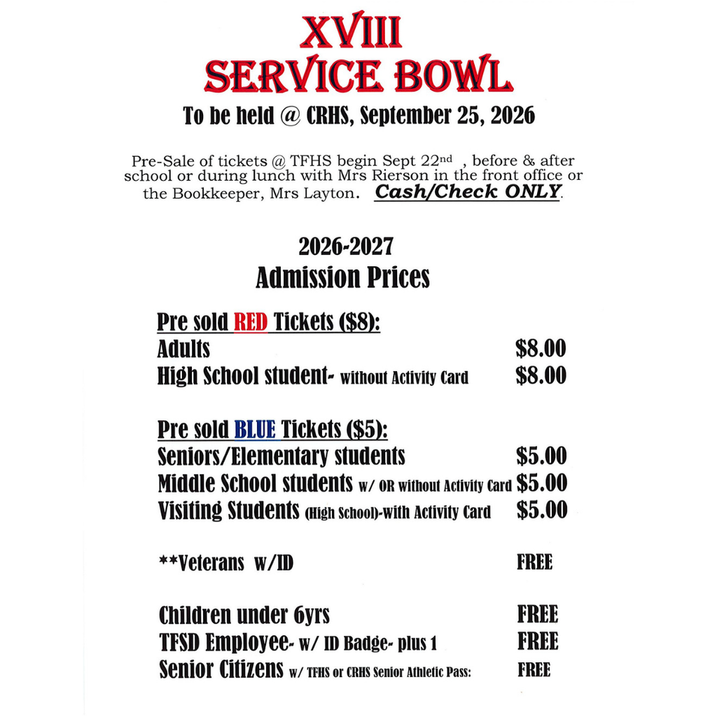 A red and white page lists ticket prices for the 2026-2027 XVIII Service Bowl. Prices vary by age and include free tickets for veterans and children under 6.