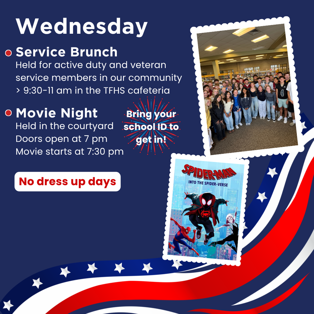 A poster lists events for Wednesday, including a Service Brunch and Movie Night. Photos show a group in a cafeteria and Spider-Man.