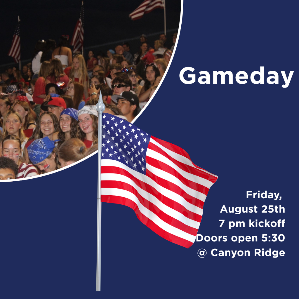 An event flyer features an American flag and a crowd in the background. Text reads "Gameday Friday, August 25th 7 pm kickoff".