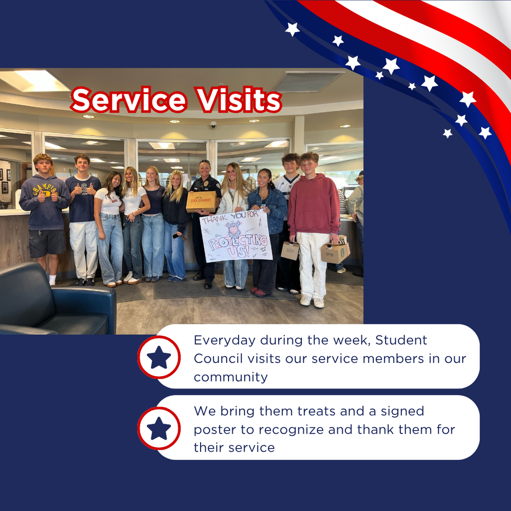 Group of people holding a poster and sign, standing in a room. Captions: Service Visits, Everyday during the week, Student Council visits our service members.