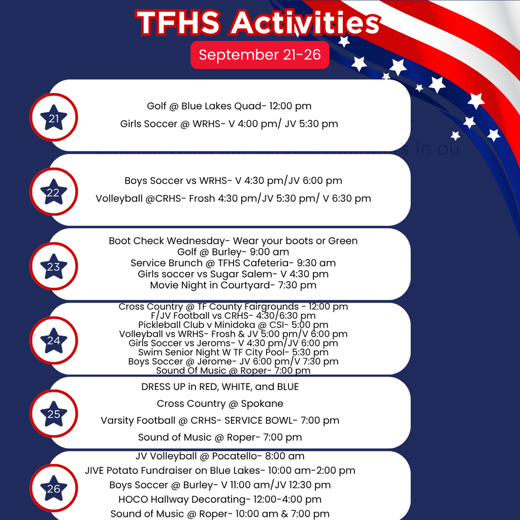 Blue and red background with white stars. "TFHS Activities September 21-26" at the top. Multiple activities listed with times and locations.