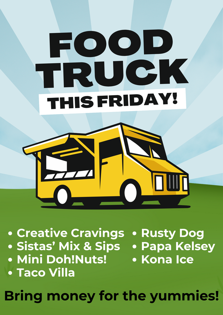an image of a yellow food truck on a blue and green background