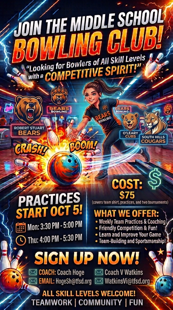 a flyer with a black background with multiple colors. It has a girl bowling and also shows bowling balls and pins.