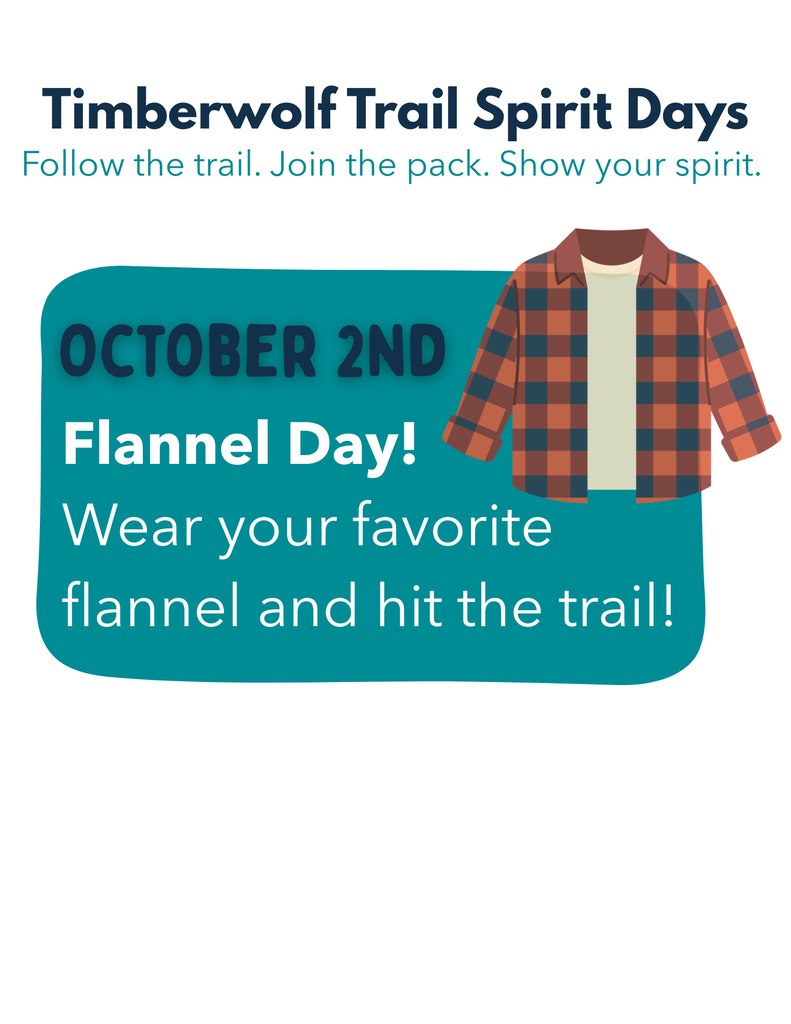 Advertisement for Timberwolf Trail Spirit Days, promoting October 2 as Flannel Day, featuring a plaid jacket.