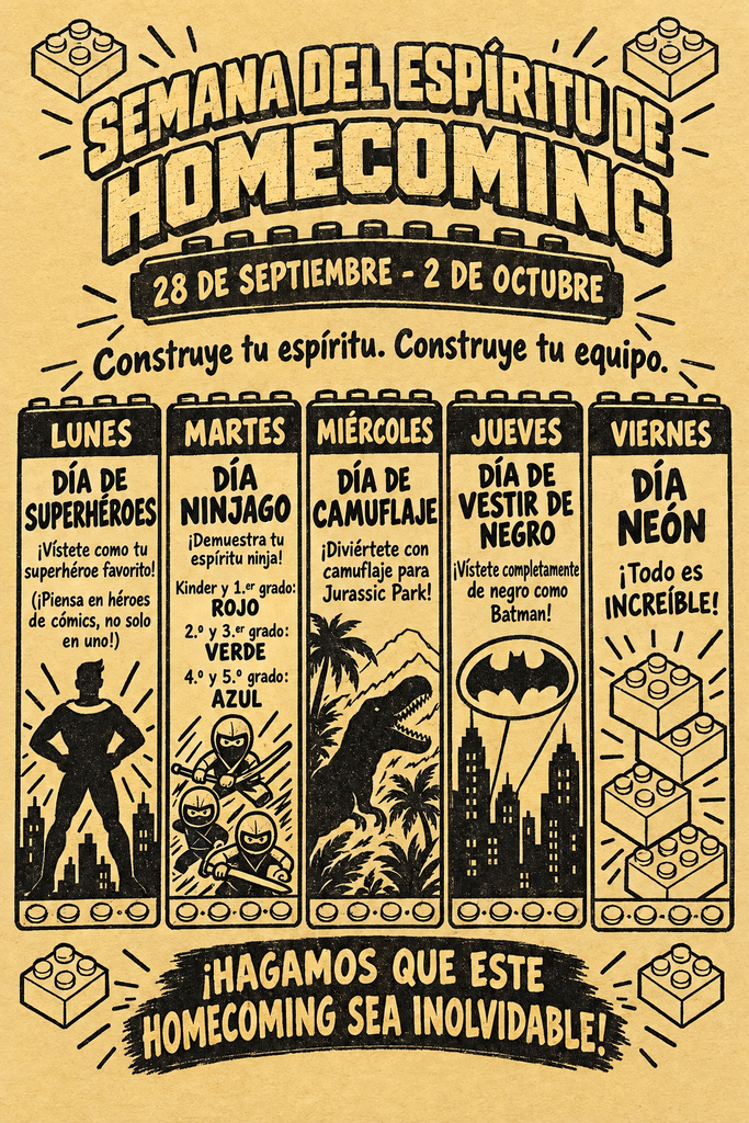 A poster announces a Homecoming event from September 28 to October 2, featuring superhero-themed LEGO builds for different days.