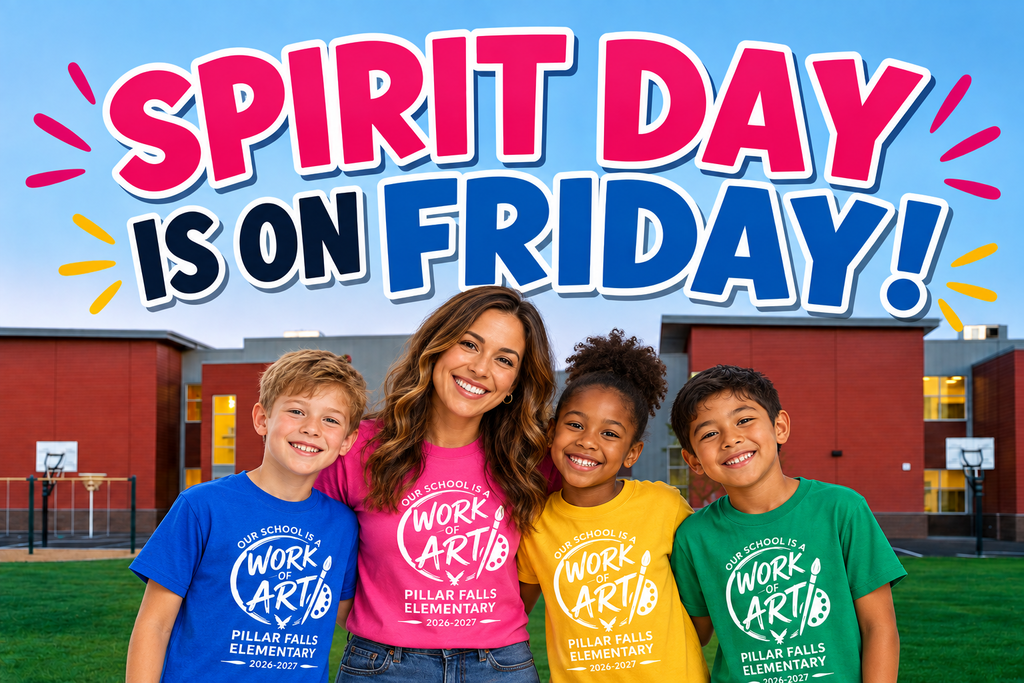 Bright sign with bold text over green lawn. Four children in matching t-shirts stand before a building.