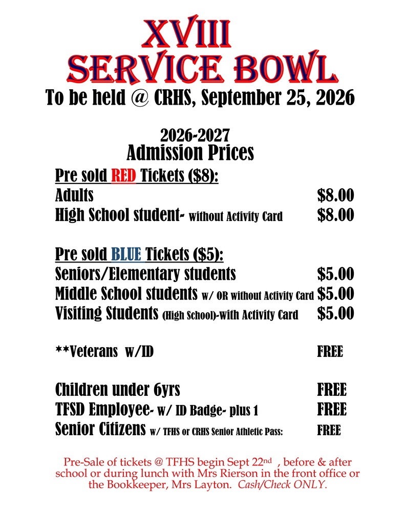 A schedule for the XVIII Service Bowl on September 25, 2026, including ticket prices for adults, students, seniors, and more.