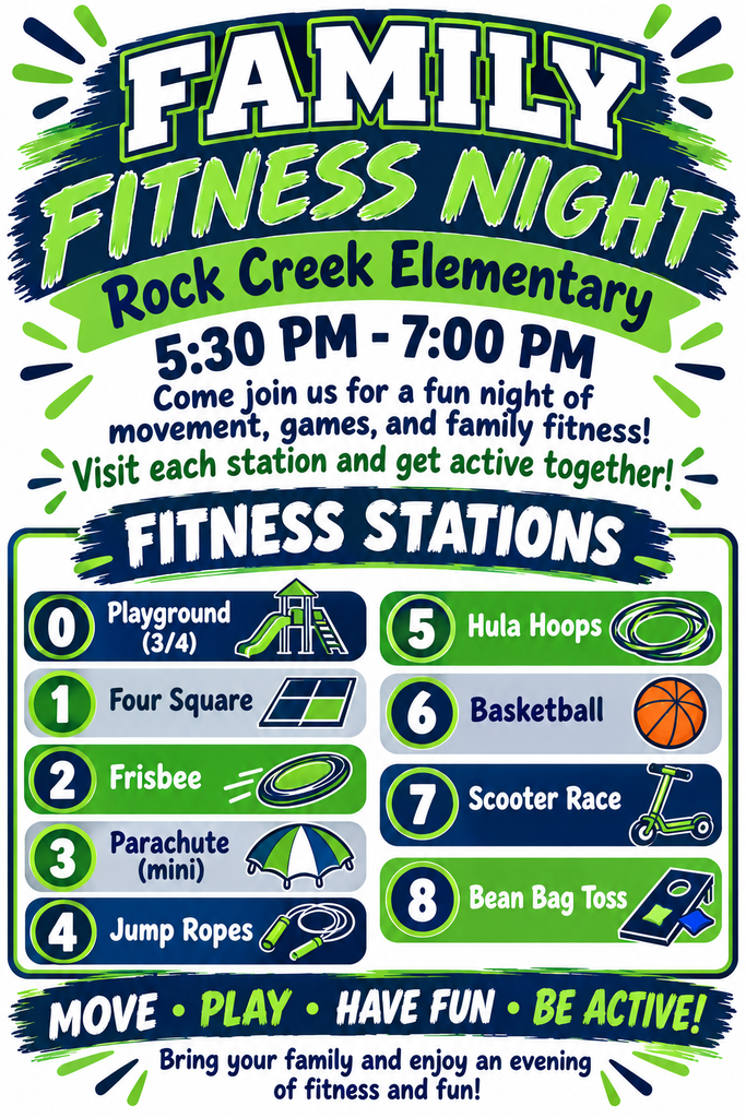 Poster for Family Fitness Night at Rock Creek Elementary. Activities include playground, four square, frisbee, parachute, jump ropes, hula hoops, basketball, scooter race, and bean bag toss.