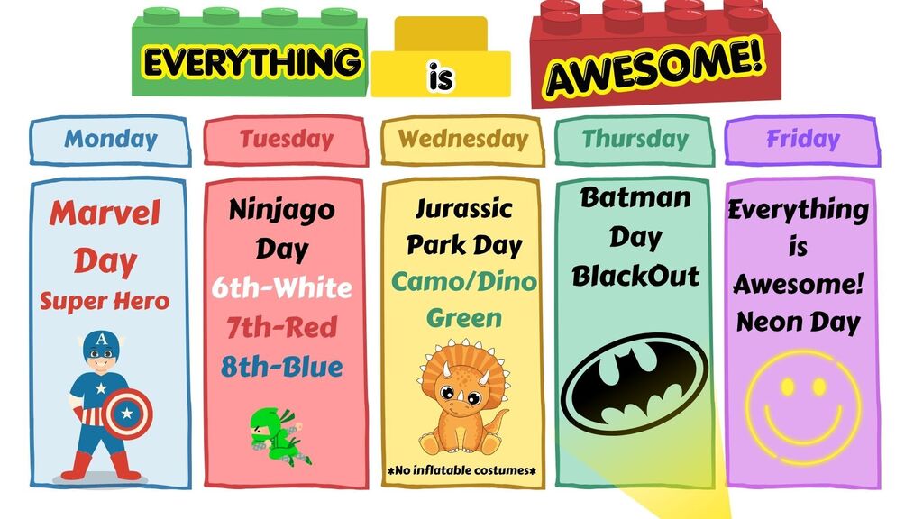 Colorful cards with different themes. Titles: Marvel Day, Ninjago Day, Jurassic Park Day, Batman Day, Everything is Awesome!