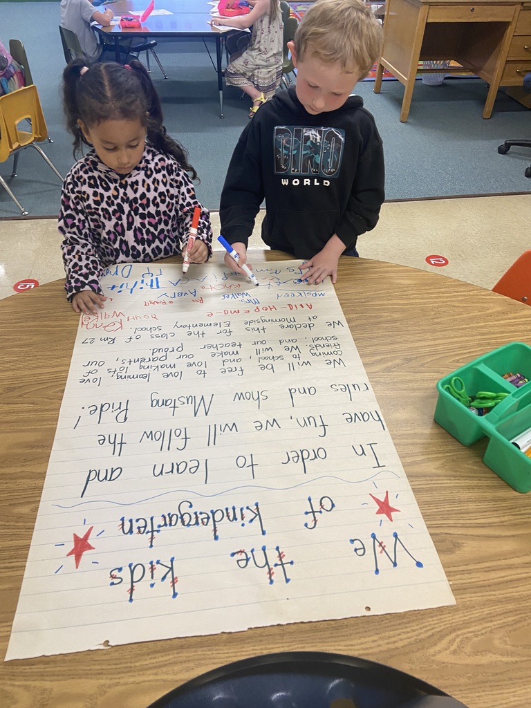 Two children using markers on a paper at a table in a classroom. A large paper reads "Freedom".