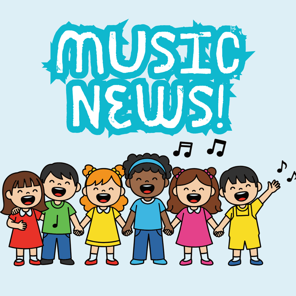 Group of children, some singing, with "Music News!" in bold above. Light blue background.