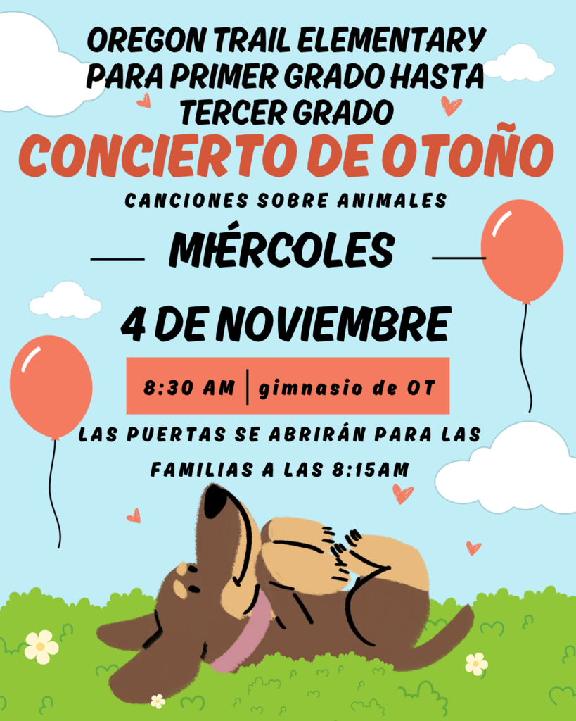 An event flyer for a fall concert at Oregon Trail Elementary. It features a dog, balloons, and a grassy field.