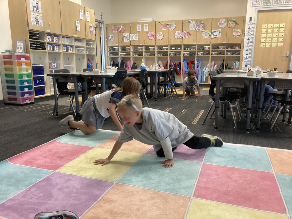 Several children play on a multi-colored mat in a classroom with tables, chairs, and shelves.
