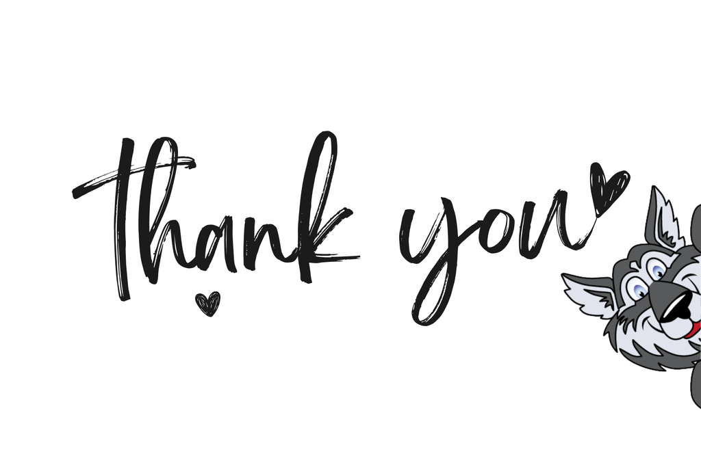 White background displays "Thank you" in black, cursive font. Two hearts and a cartoon fox character are present.