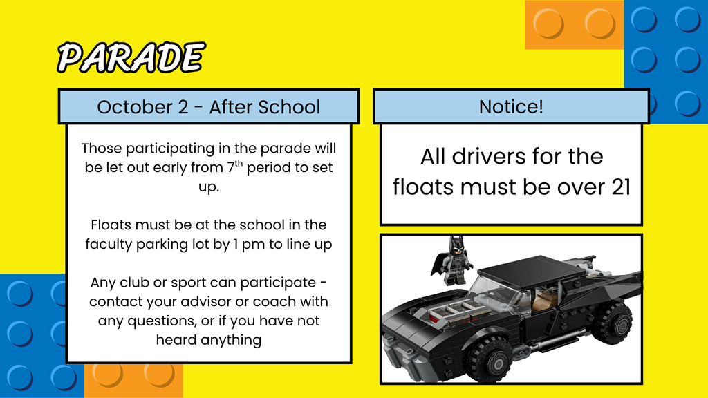 A yellow background displays a Lego Batman vehicle. Text on the left instructs about a parade. Right text outlines rules for float drivers.