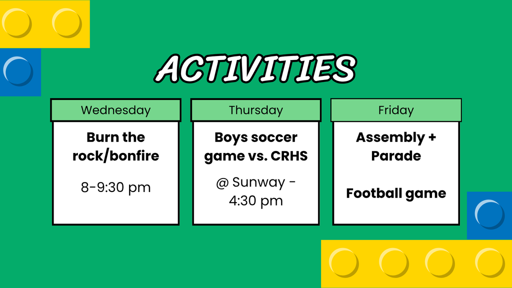 Green background with white text. Three boxes list activities for Wednesday, Thursday, and Friday.