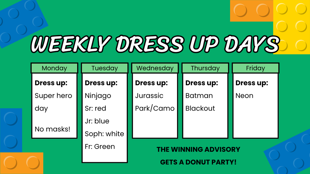 A green board displays "Weekly Dress Up Days" with five columns labeled from Monday to Friday. Each column lists a dress-up theme.