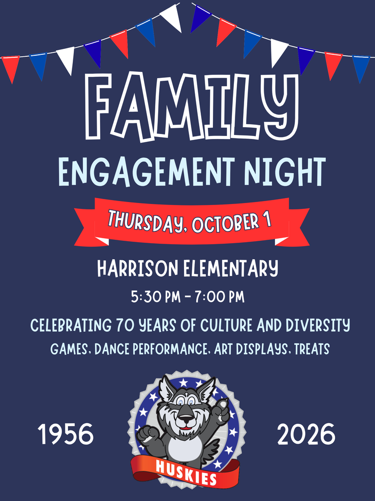 An event flyer titled "Family Engagement Night" with blue, white, and red bunting, a mascot logo, and dates "1956" and "2026".