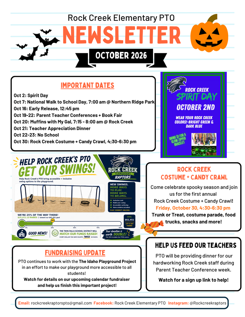 Newsletter with sections for dates, fundraising, and events. Header displays "Rock Creek Elementary PTO Newsletter October 2026".