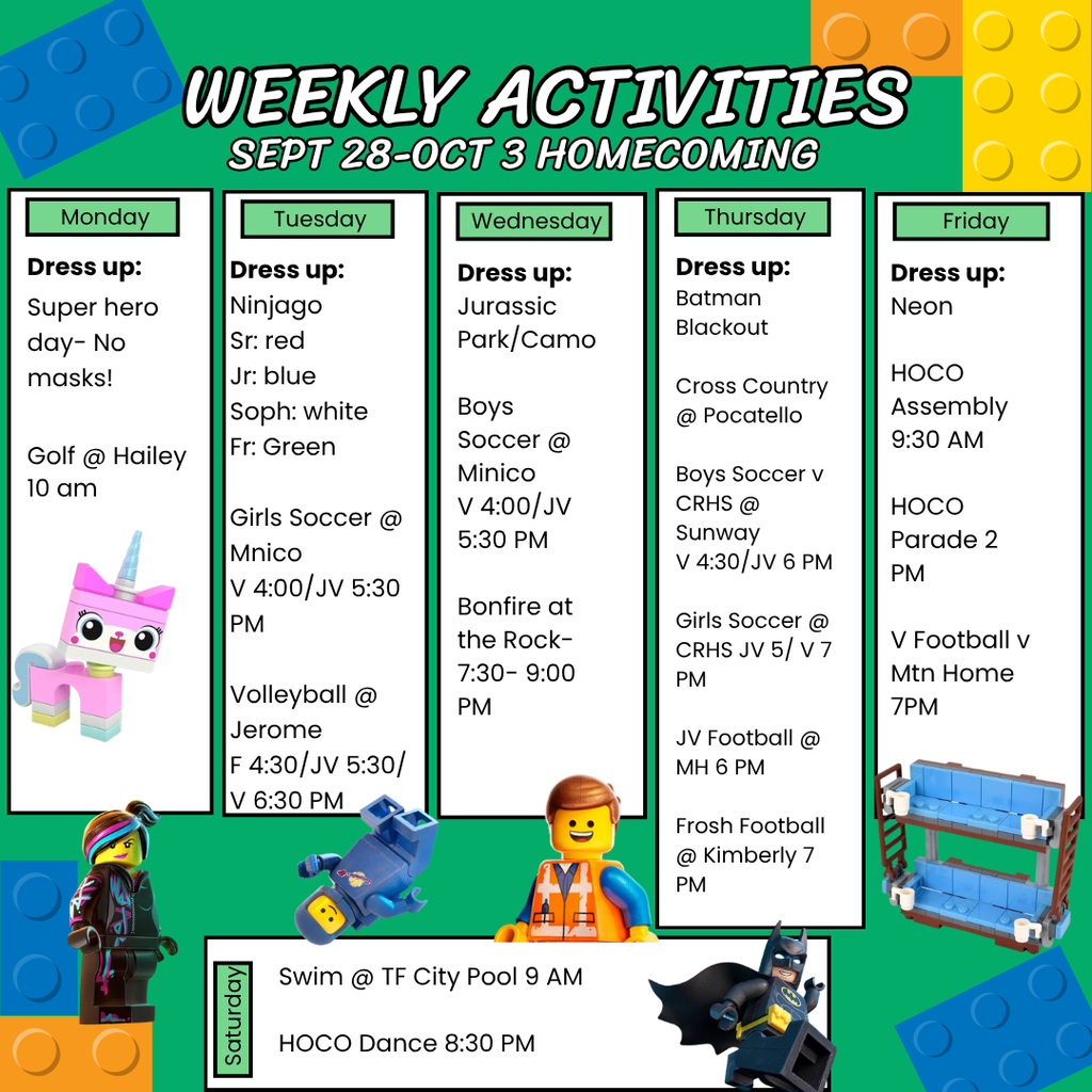 Weekly activities from September 28 to October 3, featuring a variety of events like soccer and bonfire.