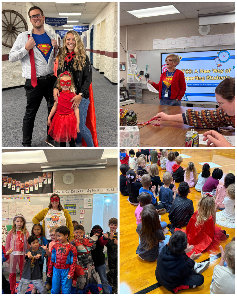 Four photos of a classroom, adults and children dressed in superhero costumes, one adult reading from a screen.