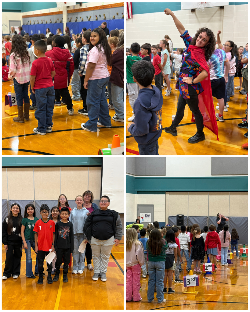 Four photos of children in a gym, one photo of a teacher wearing a cape.