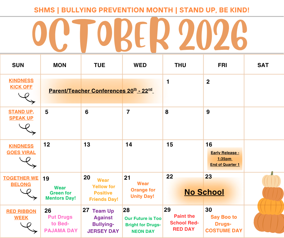 Calendar for October 2026, featuring days of the week, numbers, and events, with pumpkins on the bottom right.