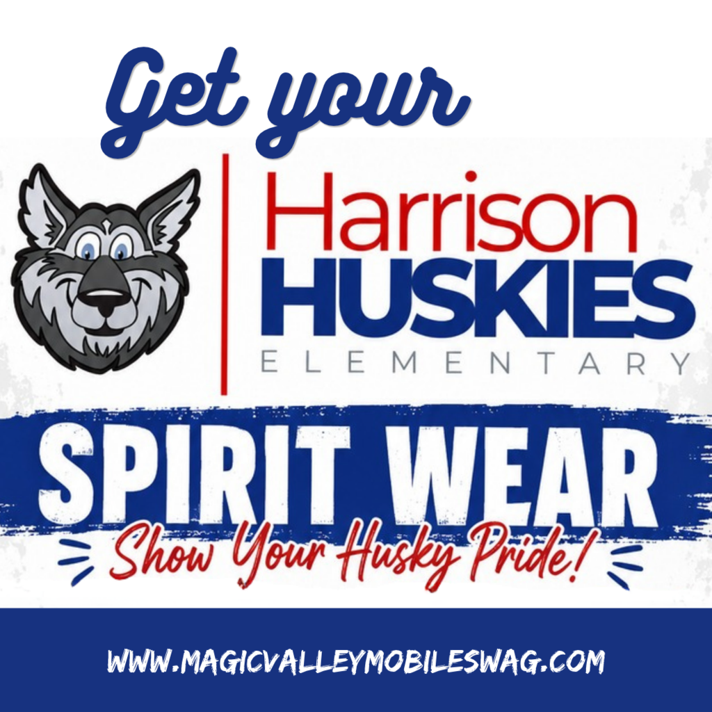 A poster for Harrison Huskies elementary, featuring a wolf logo, blue and white text, and an invitation to show pride.