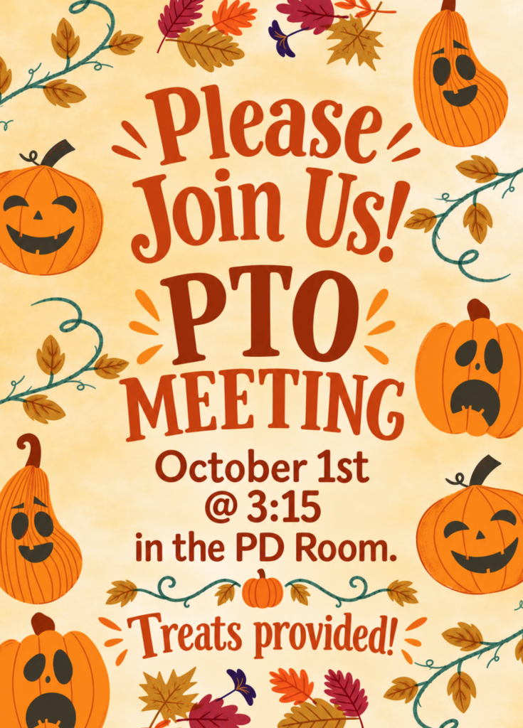 Invitation for a PTO meeting on October 1st at 3:15 pm. It features pumpkins, leaves, and text inviting attendees to join.