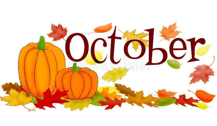 The word October with pumpkins and colorful leaves