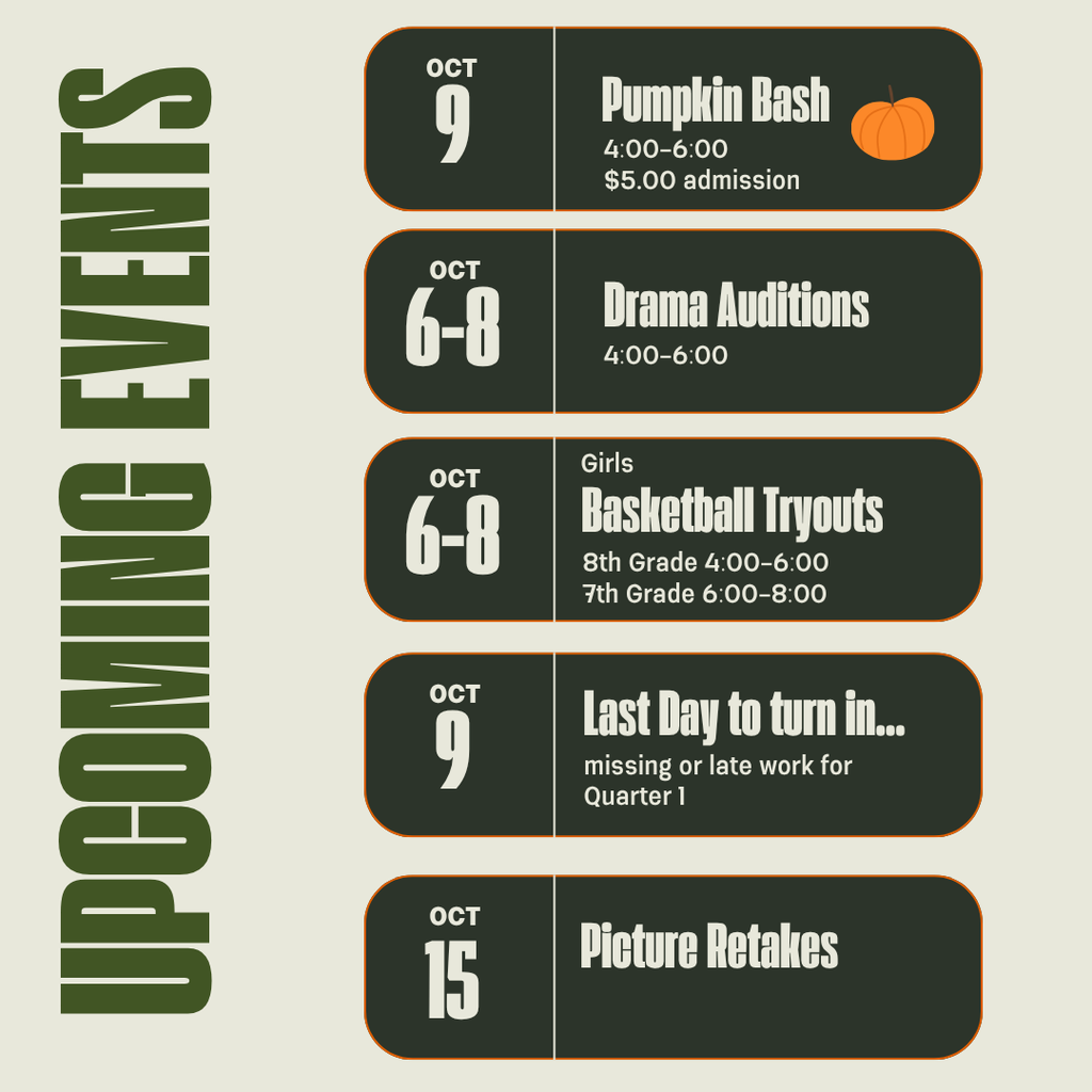 Black, white, and green flyer listing dates in October