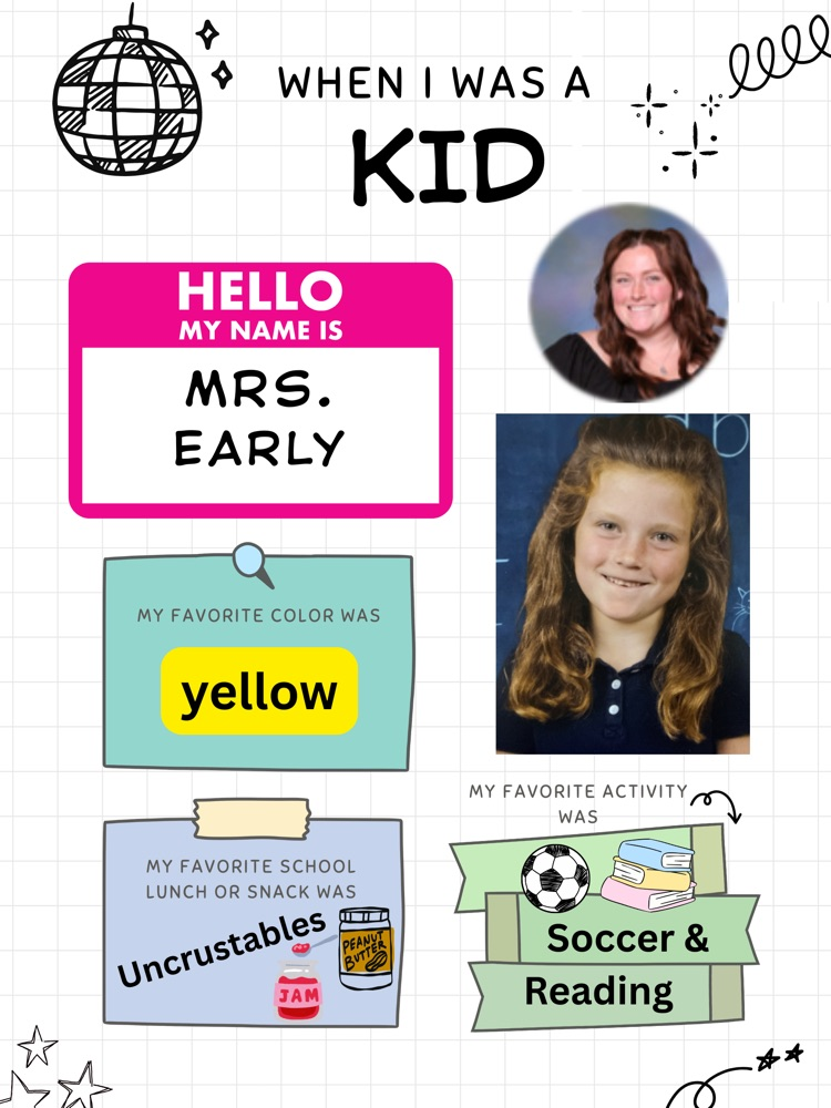 A collage of images includes a smiling girl, a name tag, a school lunch box, and sports icons.