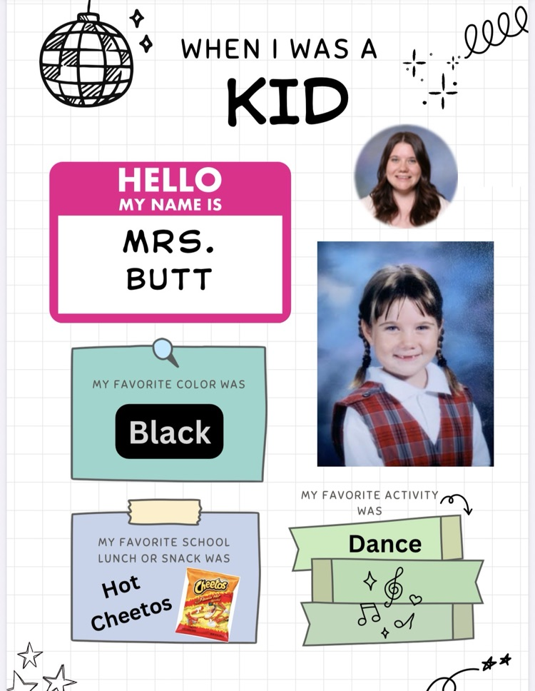 A page with a young girl's photo. Text reads: "Hello, my name is Mrs. Butt." Favorite color is black, and favorite activity is dance.