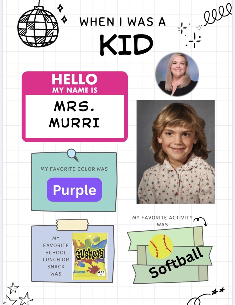 A colorful page features a woman's childhood photo, name, favorite color, and school activity.