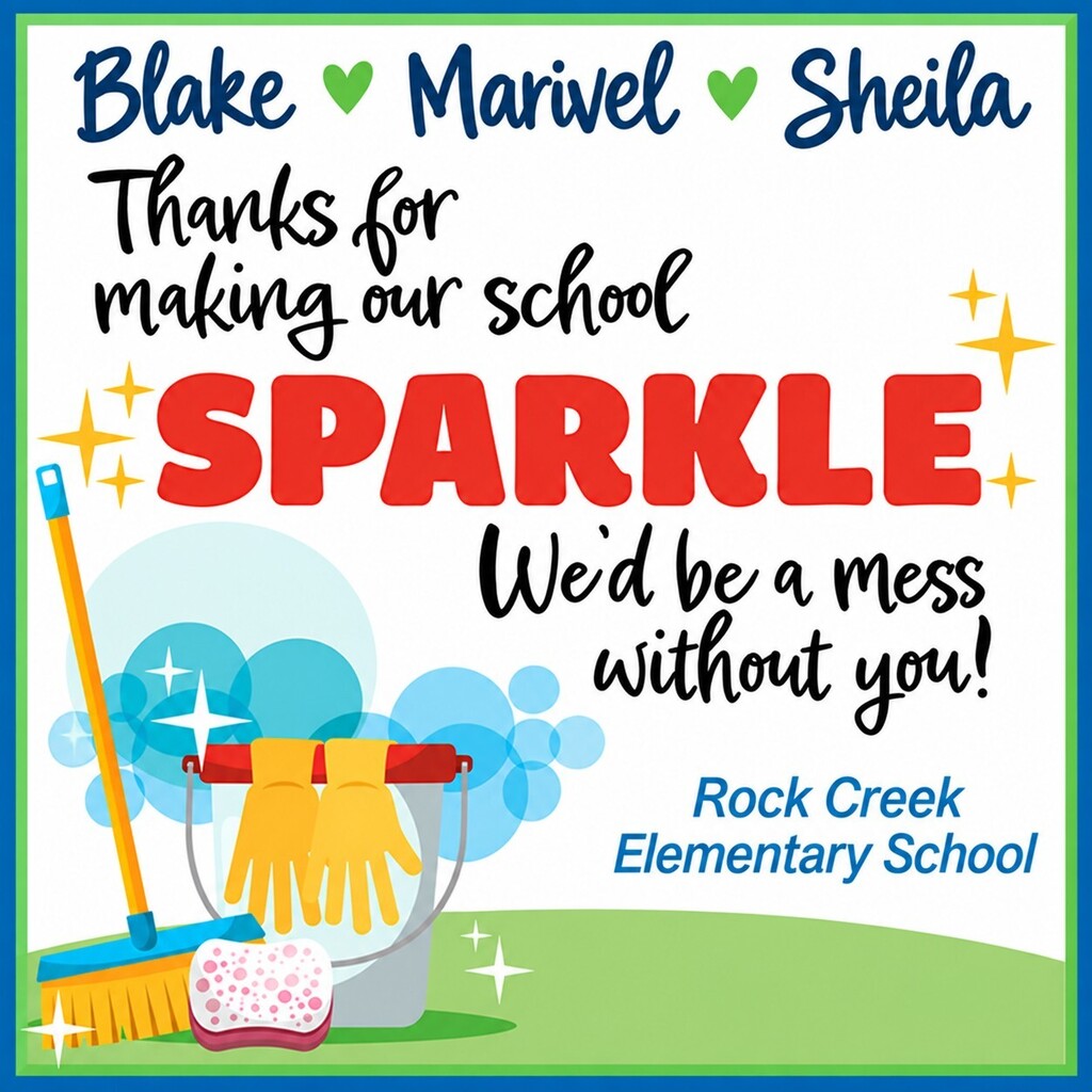 Green background with white border. Words "Blake, Marvel, Sheila" in red, white, and blue. Cleaning supplies on left.