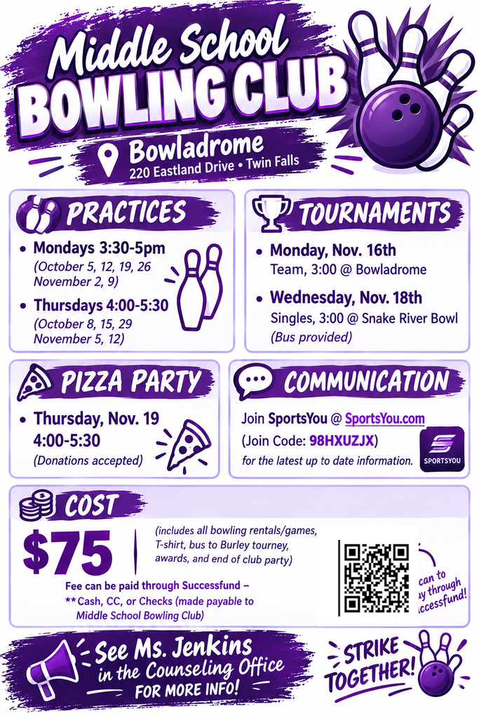 A poster for Middle School Bowling Club. Information includes address, practice dates, tournament dates, pizza party, cost, and communication.