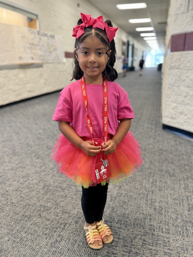A young girl in a pink shirt and tutu stands in a hallway, holding a tag.
