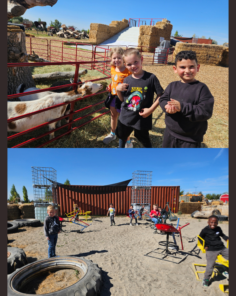Two photos show kids at a farm. Top: three children by a goat pen, one in a black shirt. Bottom: kids play in a dirt area with a large tire and metal structures.