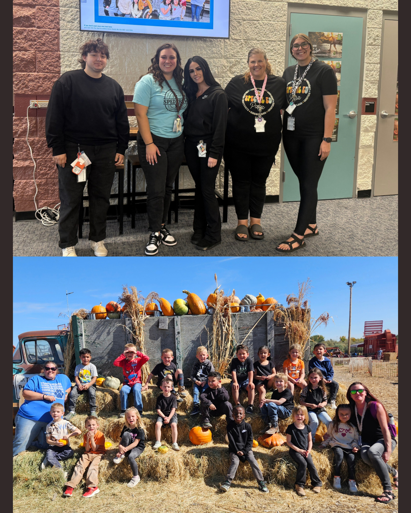 Two collages: one of adults with children in front of a building, another of children and adults sitting on hay bales with pumpkins.