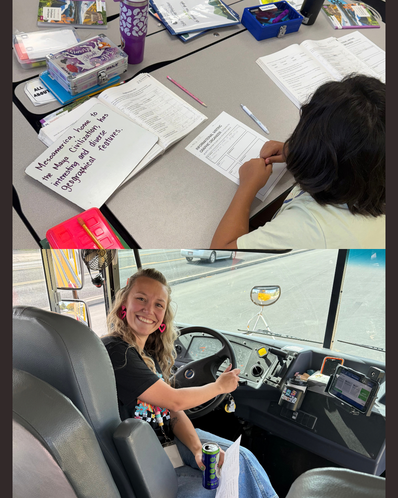 Two photos: a student seated at a desk with papers and books, and a woman driving a school bus.